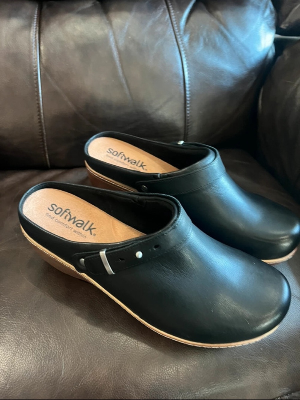 SoftWalk Black Slip-On Leather Clog with Side Buckle Detail